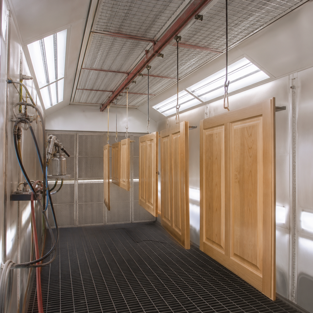Interior of the California Drawers spray booth with cabinets prepared for finishing
